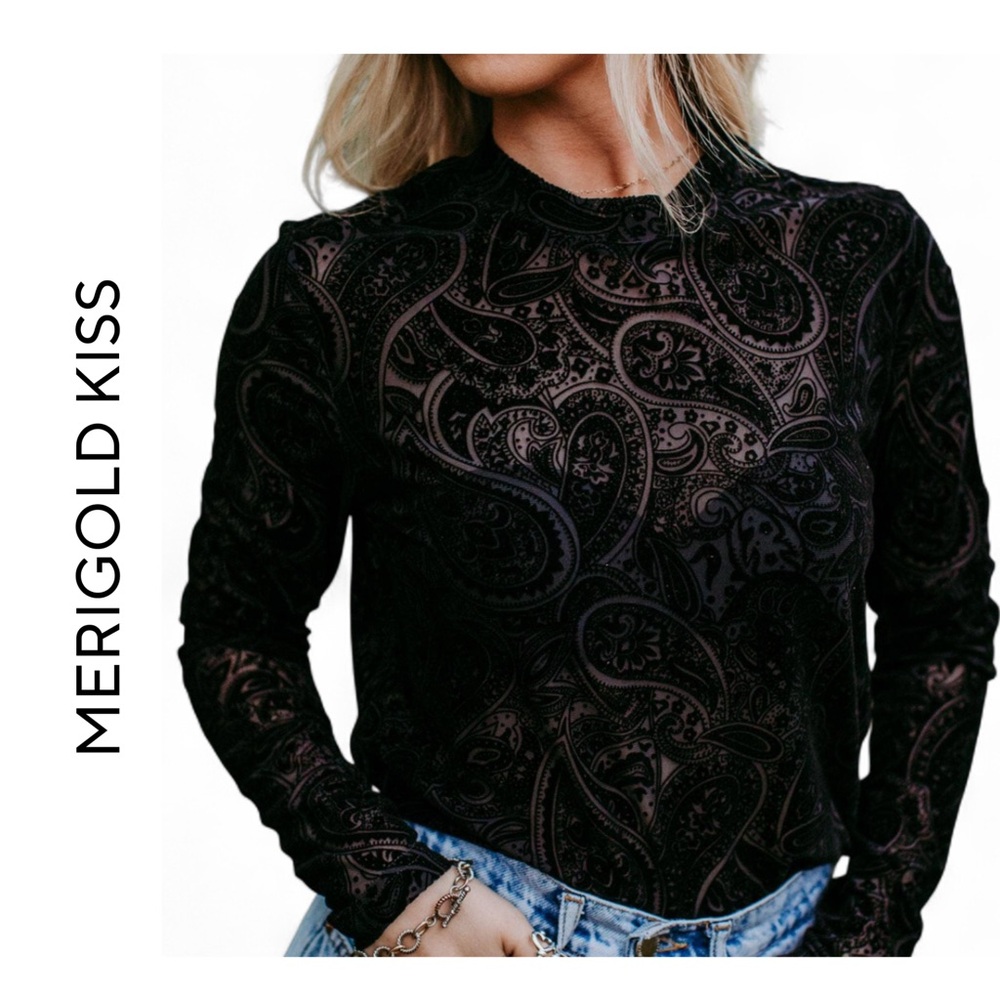 NWT MERIGOLD KISS | SZ S | SADDLE UP VELVET PAISLEY LONG SLEEVE MESH TOP